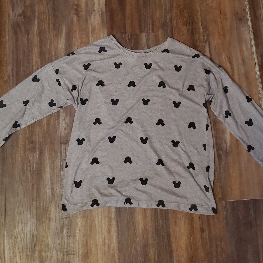 Disney Gray Long Sleeve Tee with Black Mickey Mouse Pattern